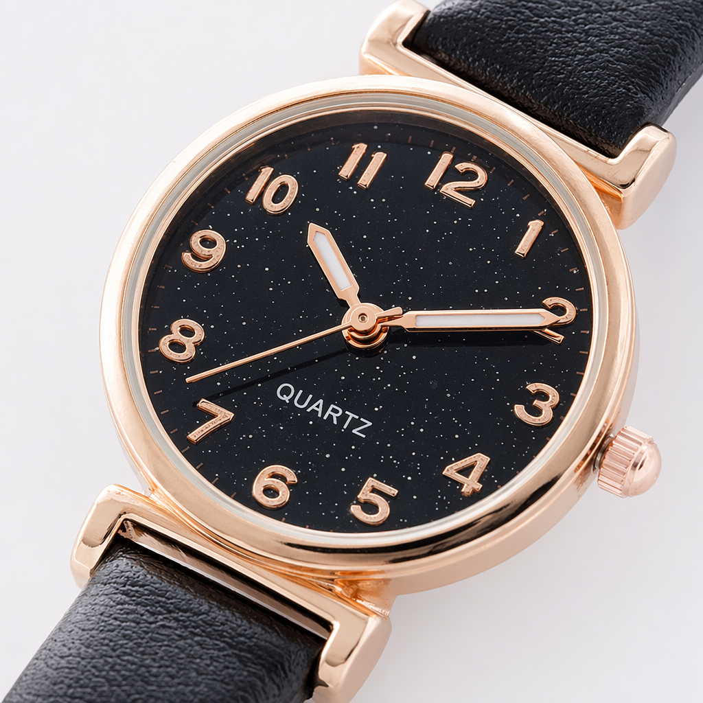 A group of watches with black dials and rose gold borders Application Scenario