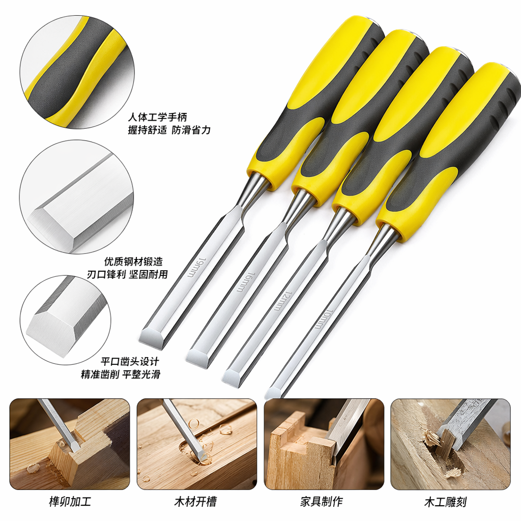 Yellow, black and grey handle industrial-grade woodworking chisel