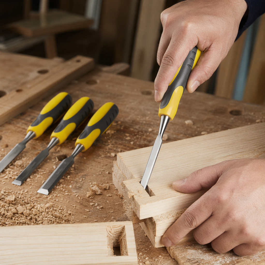 Yellow, black and grey handle industrial-grade woodworking chisel details Picture