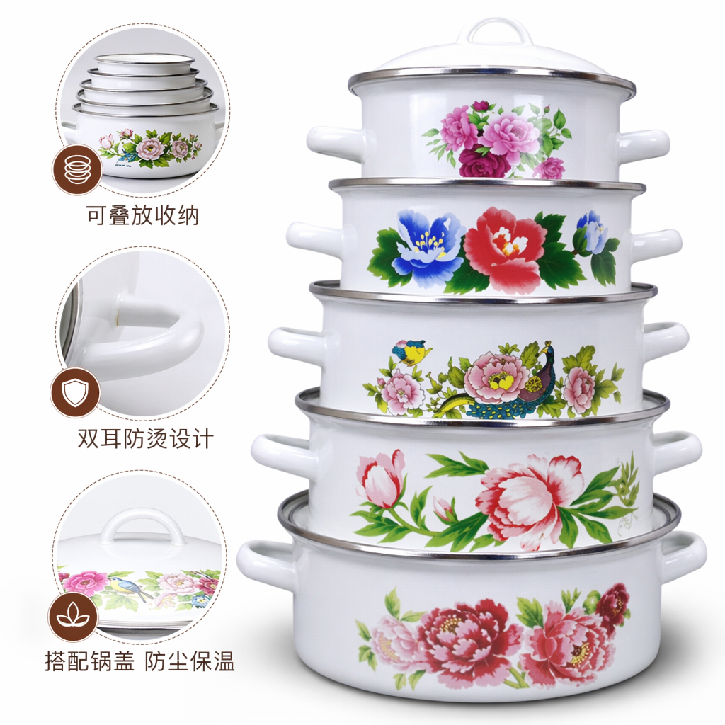 White enamel pot stacked set with floral patterns, a retro home cookware