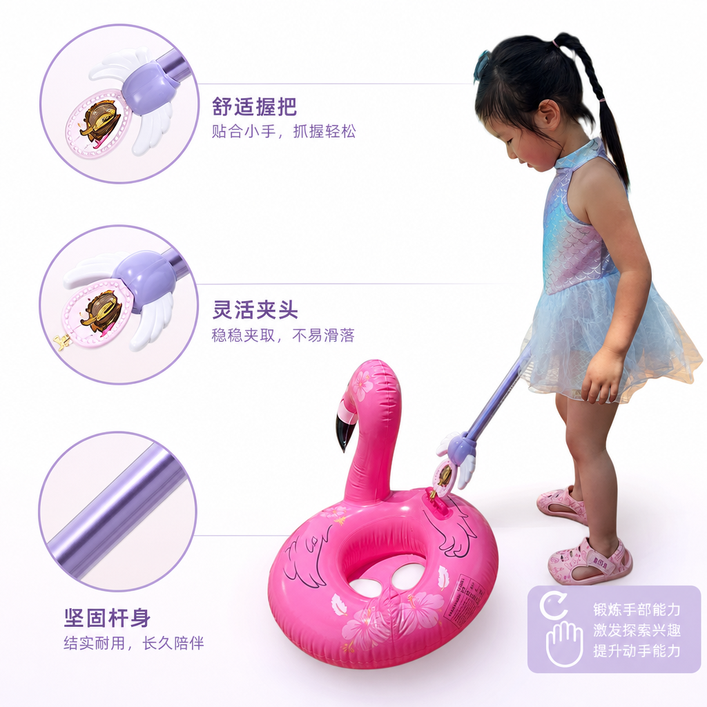 A little girl in a gradient fish-scale swimsuit holds a purple toy stick with a pink swan ring by the swimming pool full image