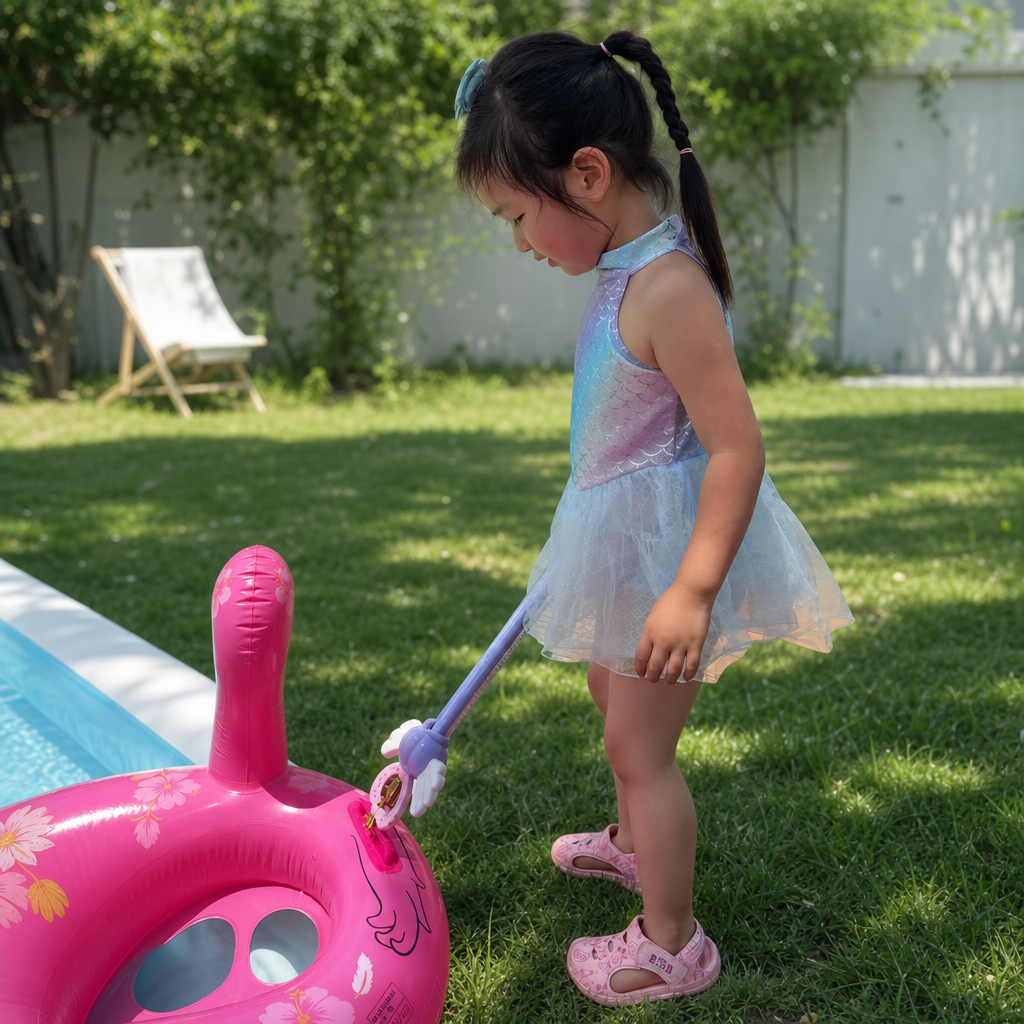 A little girl in a gradient fish-scale swimsuit holds a purple toy stick with a pink swan ring by the swimming pool details Picture