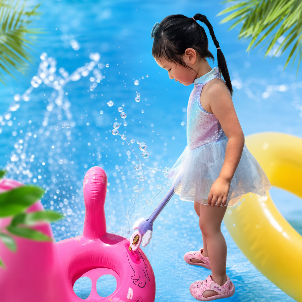 A little girl in a gradient fish-scale swimsuit holds a purple toy stick with a pink swan ring by the swimming pool Specification image
