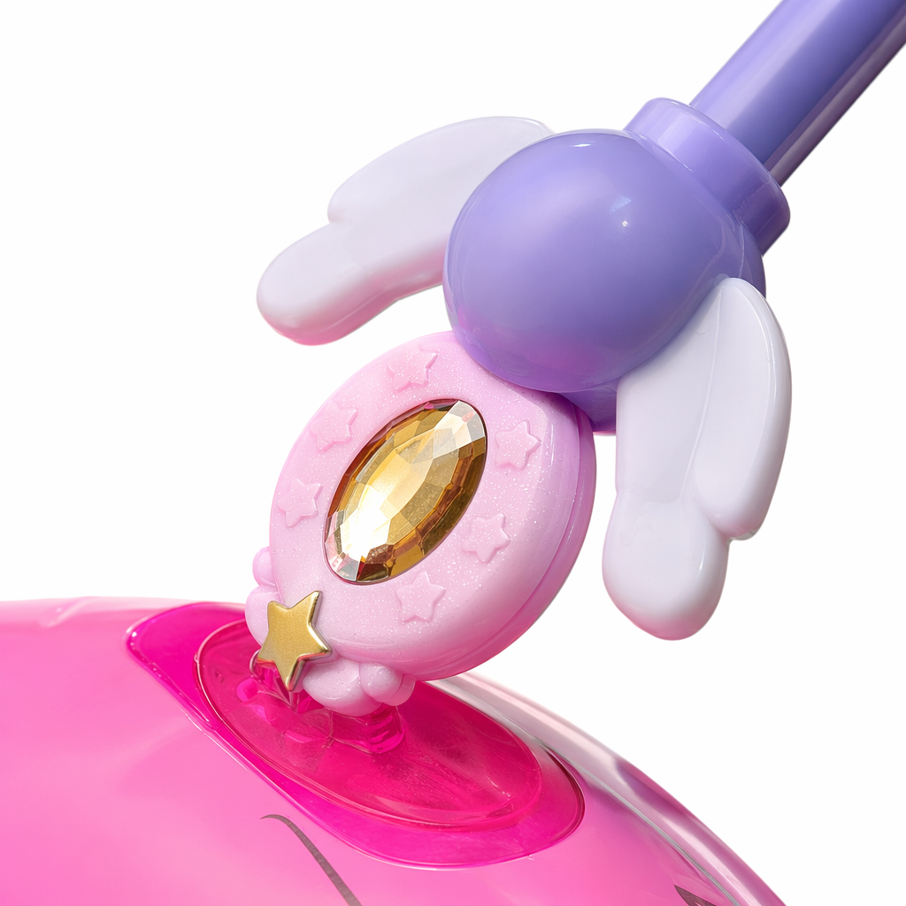 A little girl in a gradient fish-scale swimsuit holds a purple toy stick with a pink swan ring by the swimming pool Application Scenario