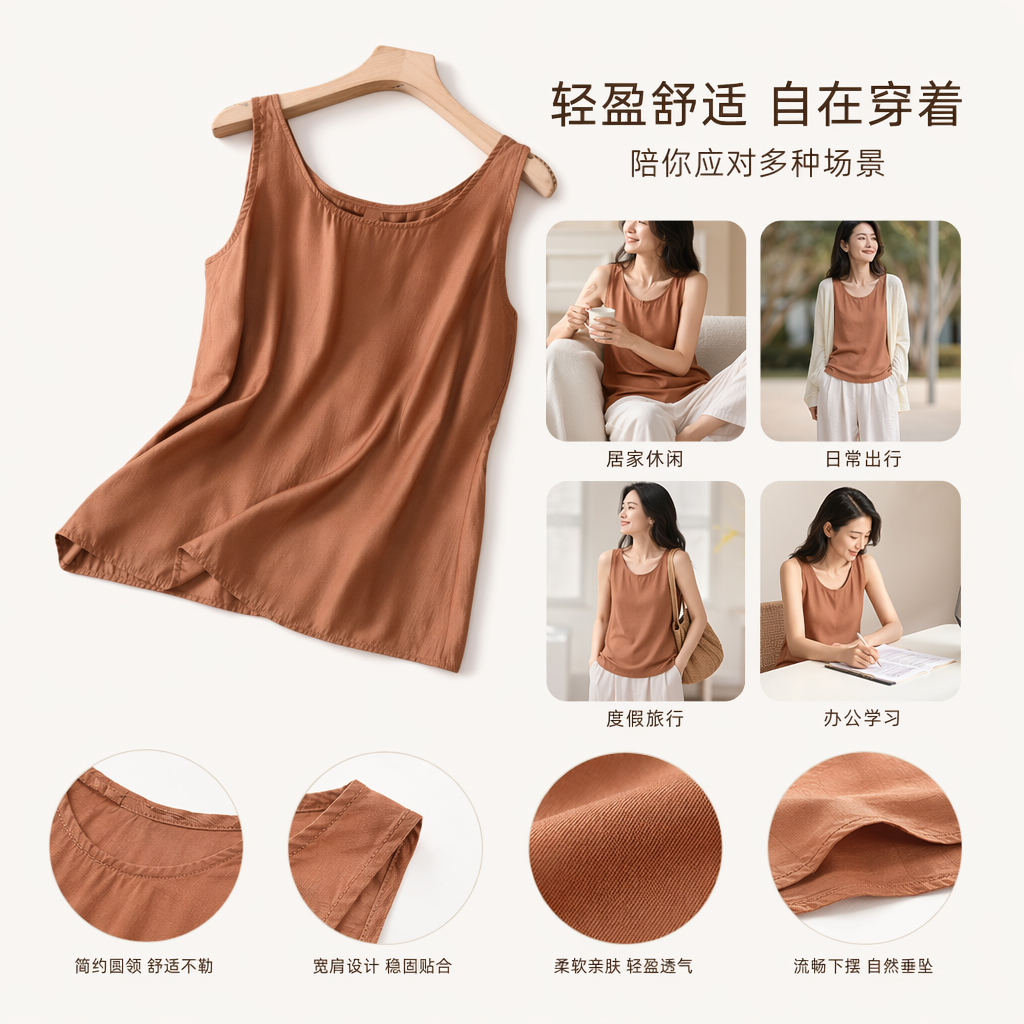 Brown sleeveless vest, pure cotton slimming basic inner layer