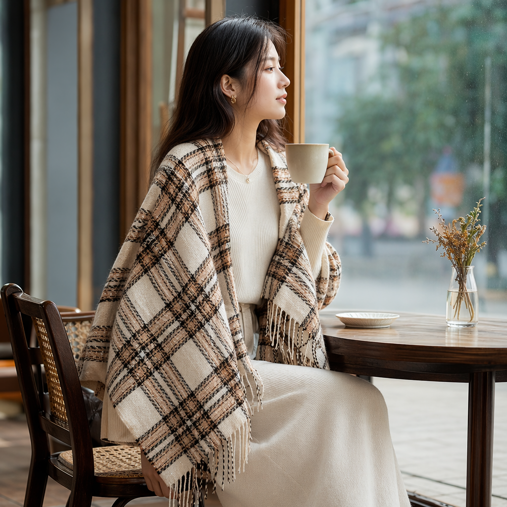 A light and thin cotton checkered tassel shawl for spring and summer sun protection details Picture