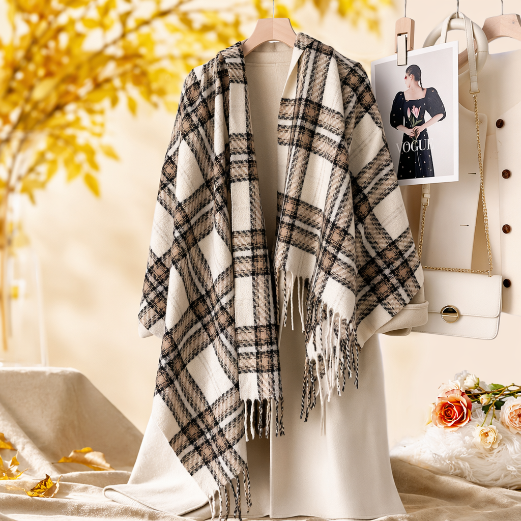 A light and thin cotton checkered tassel shawl for spring and summer sun protection Specification image
