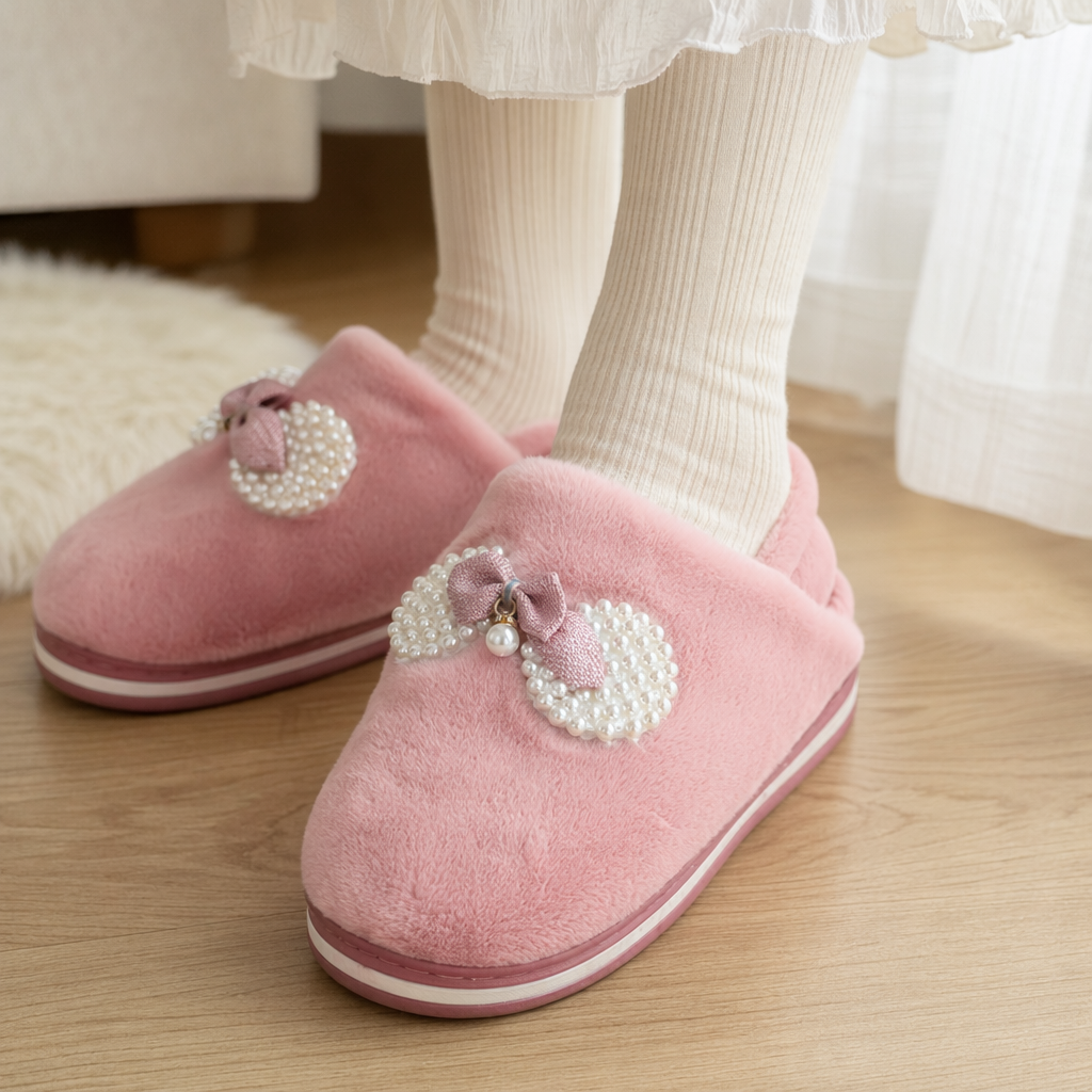 Pink plush surface slippers for women's winter indoor home, warm and anti-slip soft soles details Picture