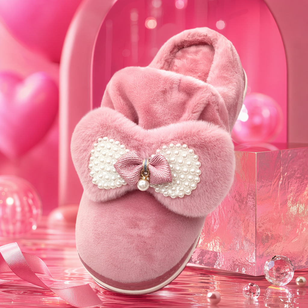 Pink plush surface slippers for women's winter indoor home, warm and anti-slip soft soles Specification image