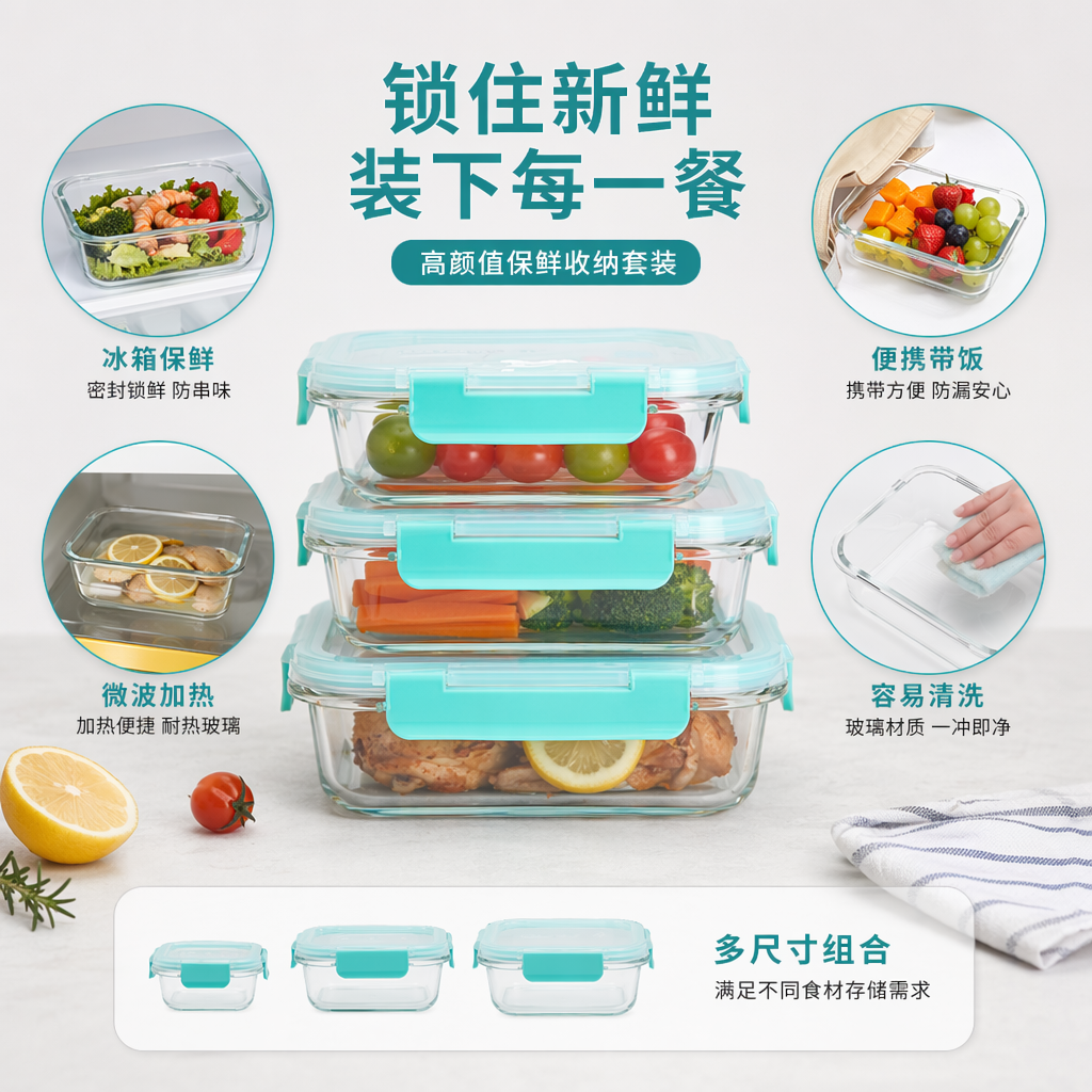 Transparent glass food box set, fresh-keeping, sealed and leak-proof, suitable for microwave oven, Stackable