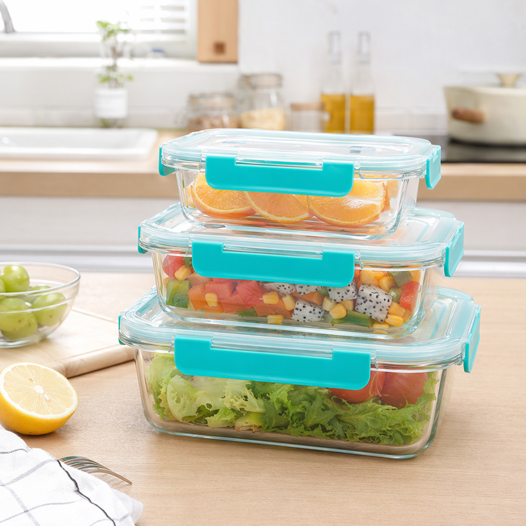 Transparent glass food box set, fresh-keeping, sealed and leak-proof, suitable for microwave oven, Stackable details Picture