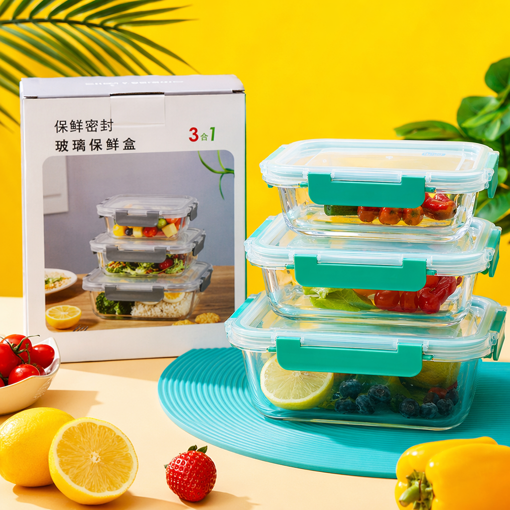 Transparent glass food box set, fresh-keeping, sealed and leak-proof, suitable for microwave oven, Stackable Specification image