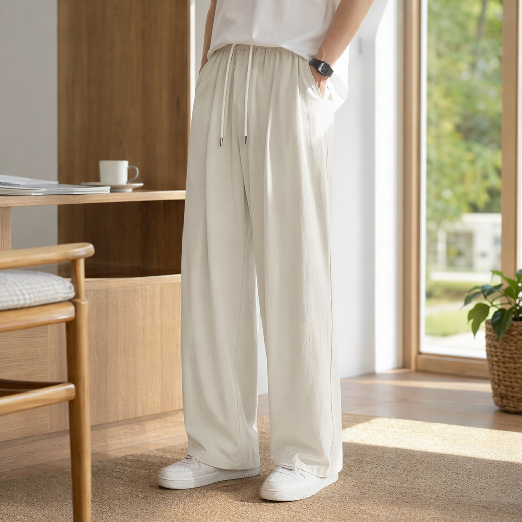 Beige drawstring casual pants for women, loose and slimming, high-waisted with a drape, cotton and linen nine-inch pants details Picture