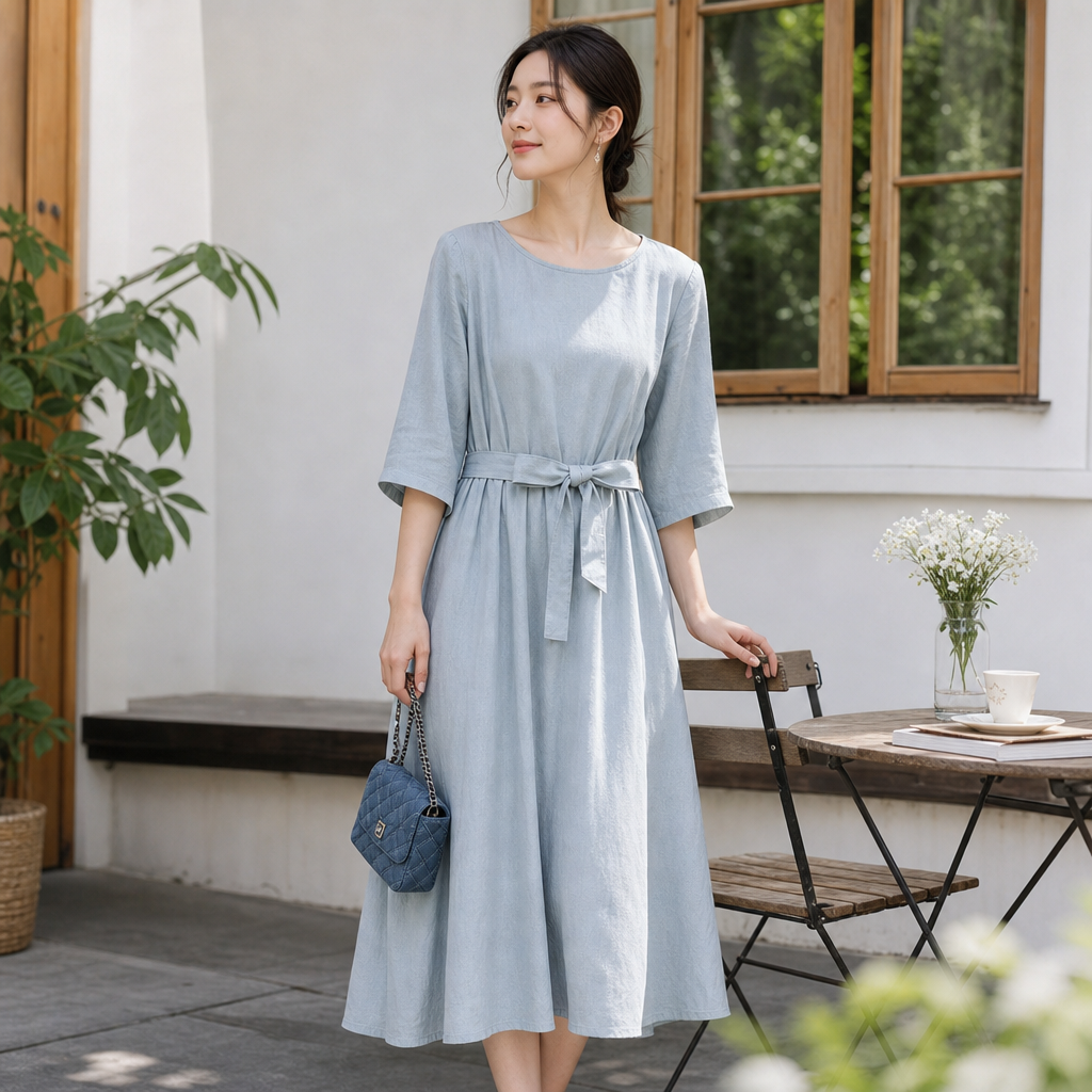 A new light blue dress for women in summer, a slimming and form-fitting A-line dress details Picture