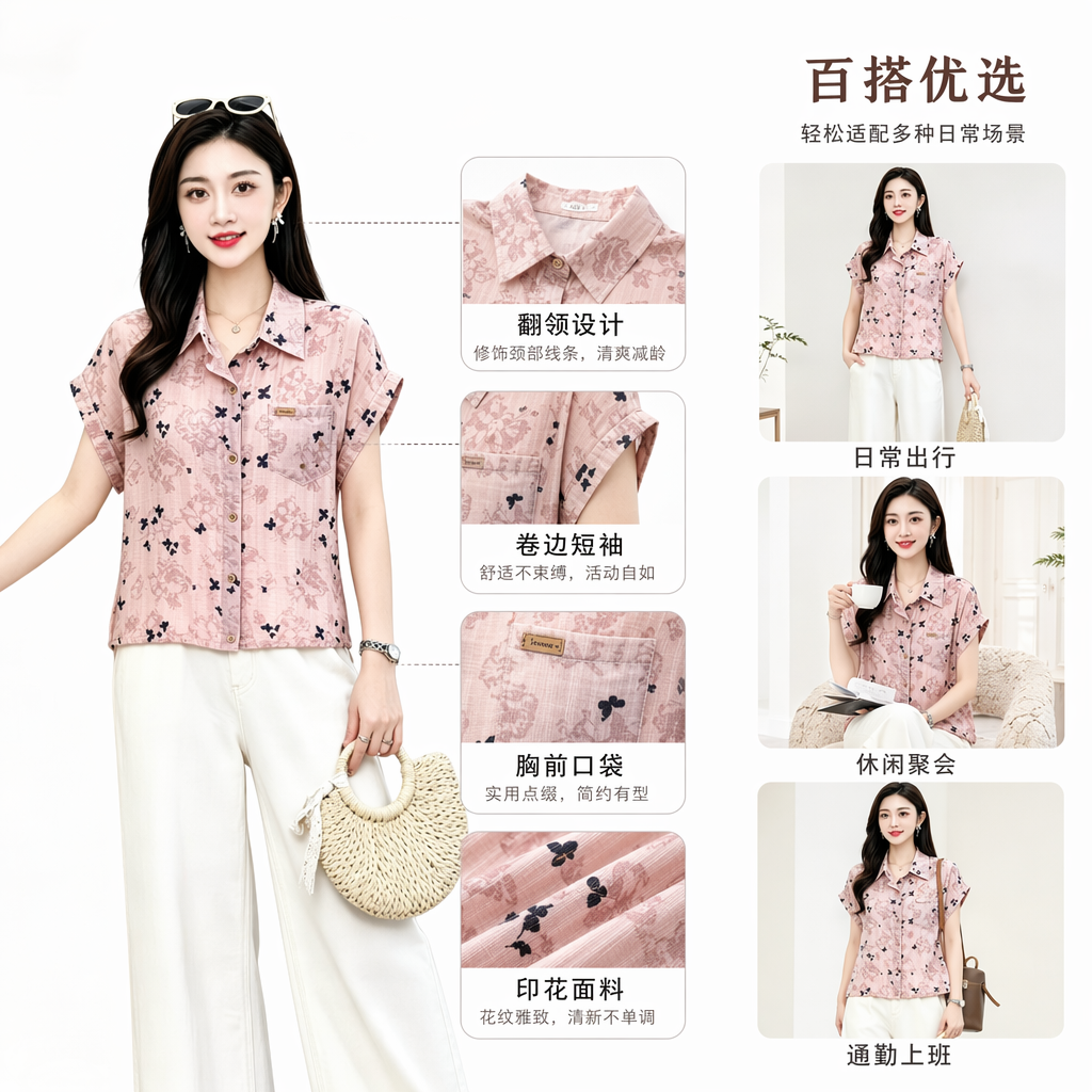 粉色碎花短袖衬衫女夏款清新文艺风上衣