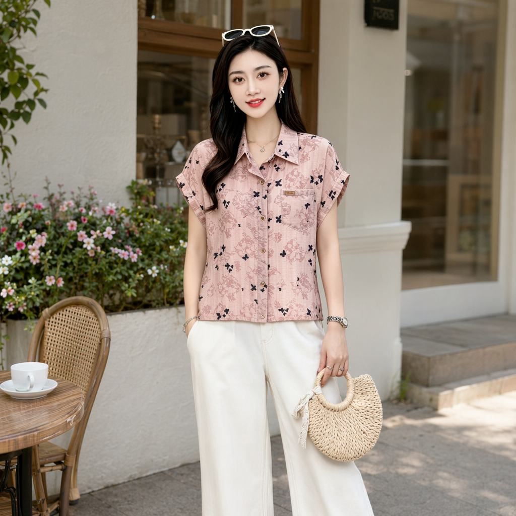 A pink floral short-sleeved shirt for women in a fresh and artistic summer style details Picture