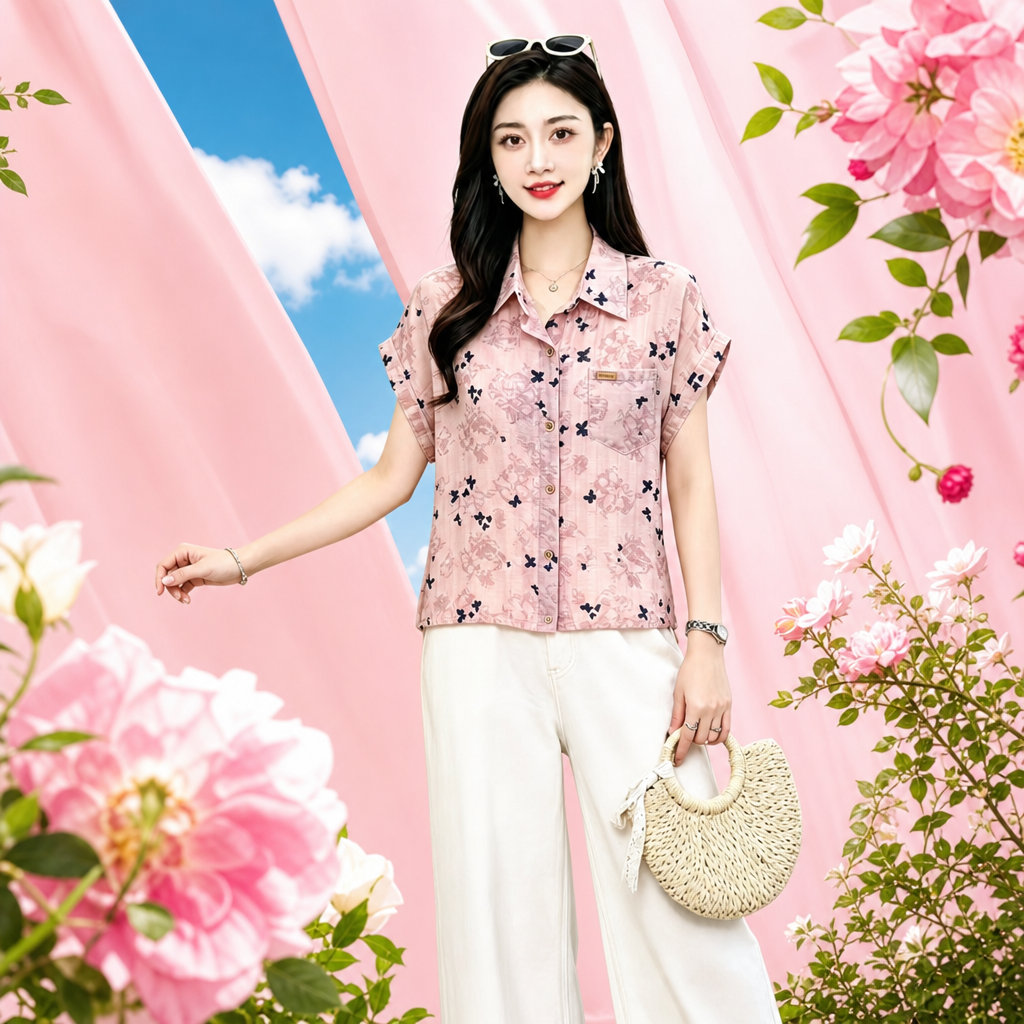 A pink floral short-sleeved shirt for women in a fresh and artistic summer style Specification image