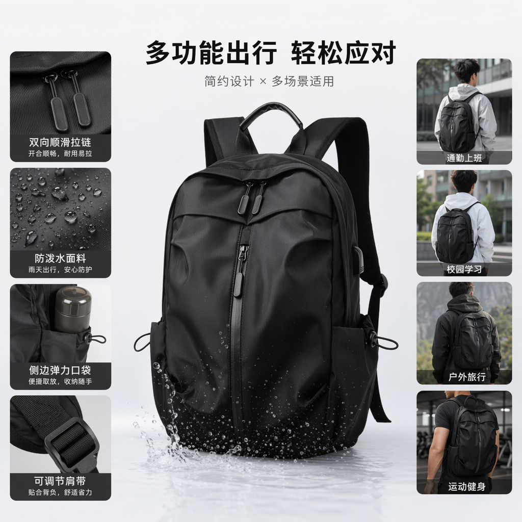 This black, simple business and casual backpack is lightweight, wear-resistant and has a large capacity for commuting and student use full image