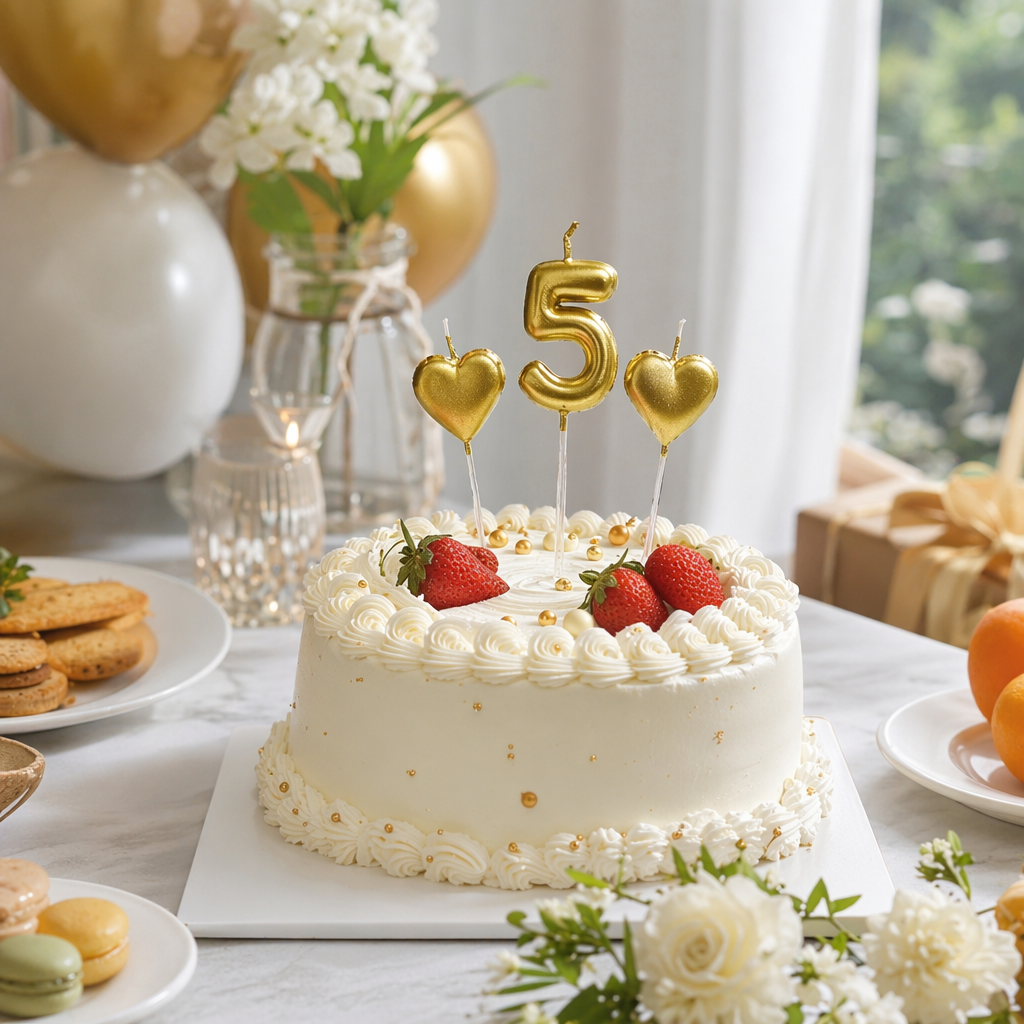 Golden number and heart-shaped birthday candles for creative party decoration can be customized for age details Picture