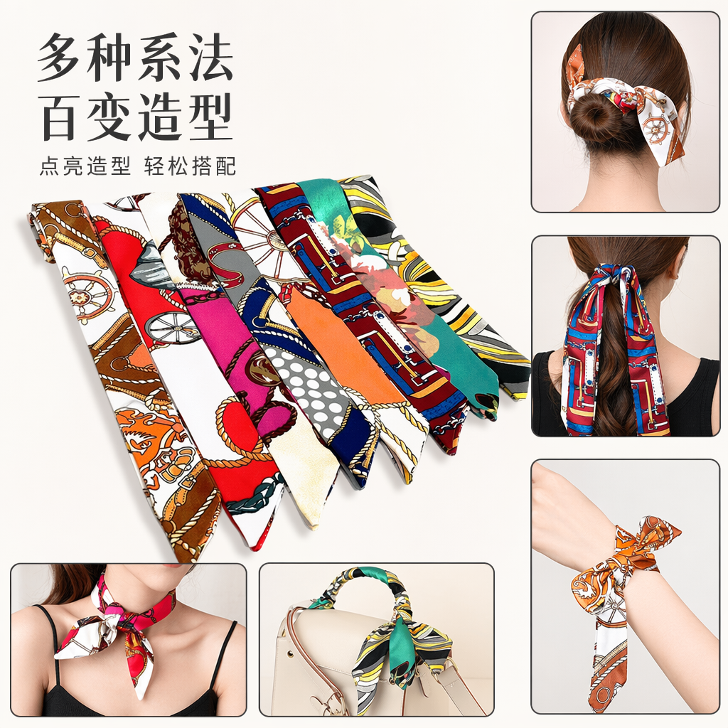A lightweight and breathable silk handkerchief with multi-color prints, a perfect accessory for women in spring and summer full image