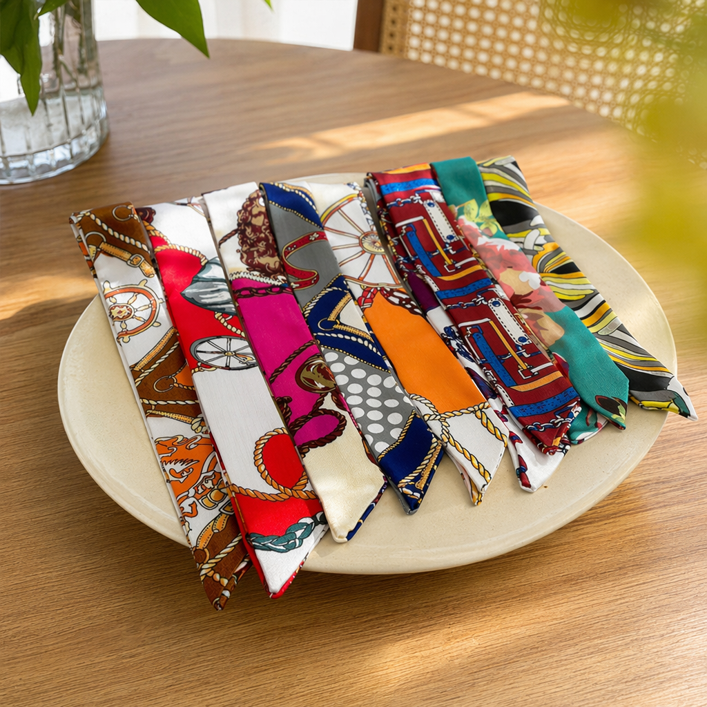 A lightweight and breathable silk handkerchief with multi-color prints, a perfect accessory for women in spring and summer details Picture
