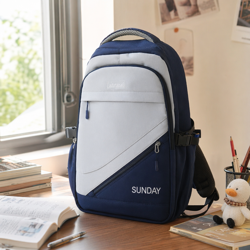 A simple and fashionable backpack in blue and white, lightweight and large-capacity, suitable for student commuting details Picture