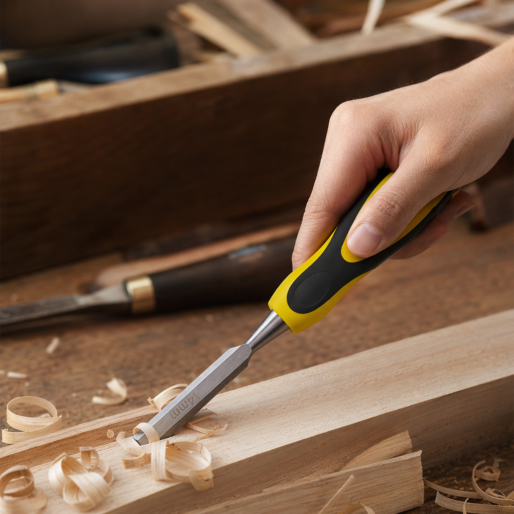 Yellow and black handle industrial-grade woodworking chisel, professional woodworking tool, durable chisel details Picture