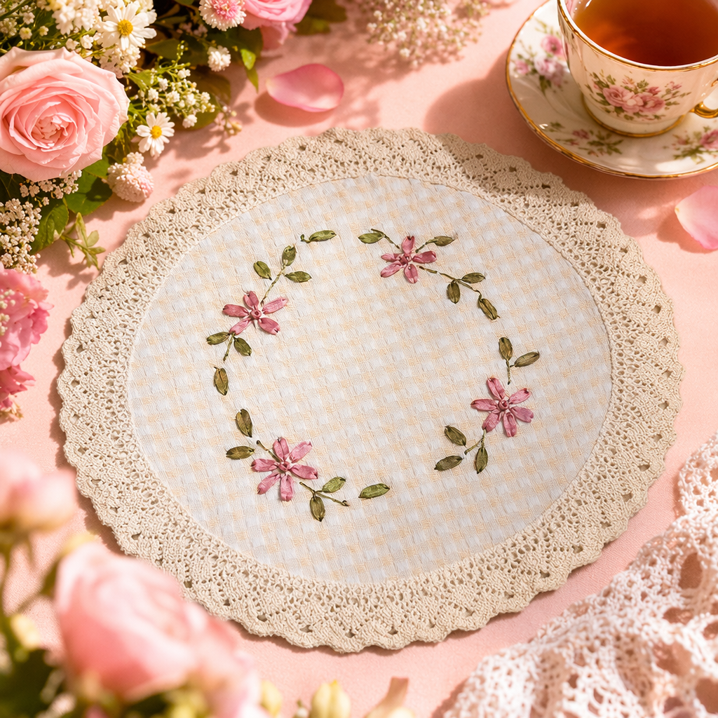 The beige hand-embroidered tablecloth with checkered fabric is embroidered with pink flowers and green branches and leaves Specification image