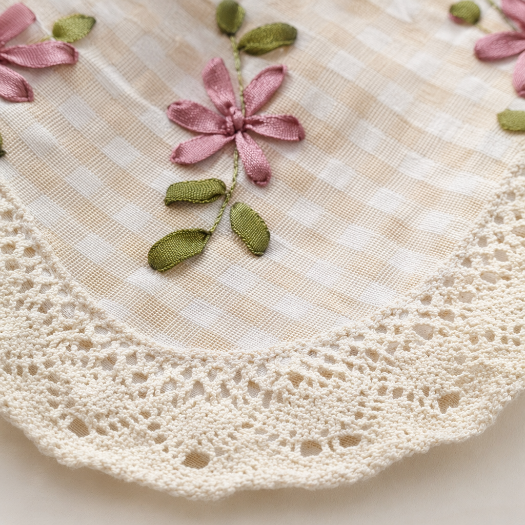 The beige hand-embroidered tablecloth with checkered fabric is embroidered with pink flowers and green branches and leaves Application Scenario