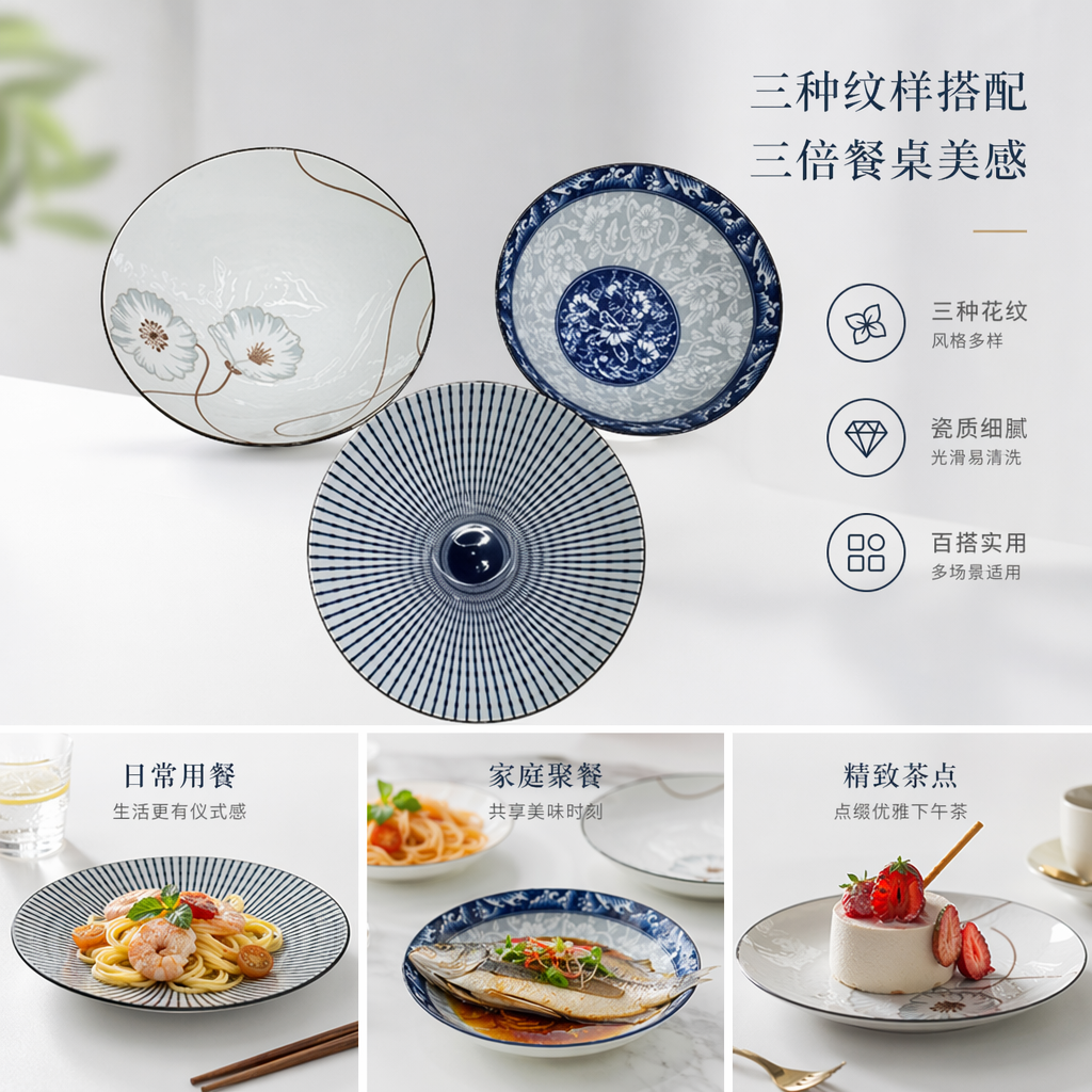 Three ceramic bowls, a set of simple household tableware and kitchenware full image