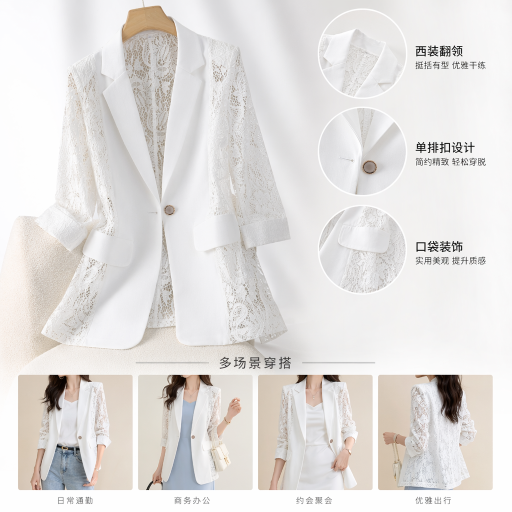 White lace patchwork suit jacket for women, slimming and shaping, versatile for commuting, spring and autumn style
