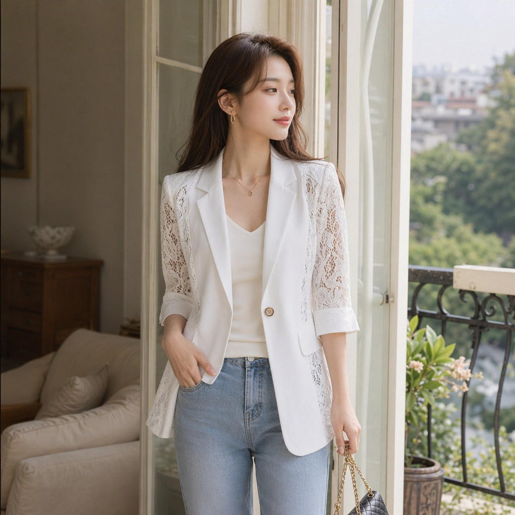 White lace patchwork suit jacket for women, slimming and shaping, versatile for commuting, spring and autumn style details Picture