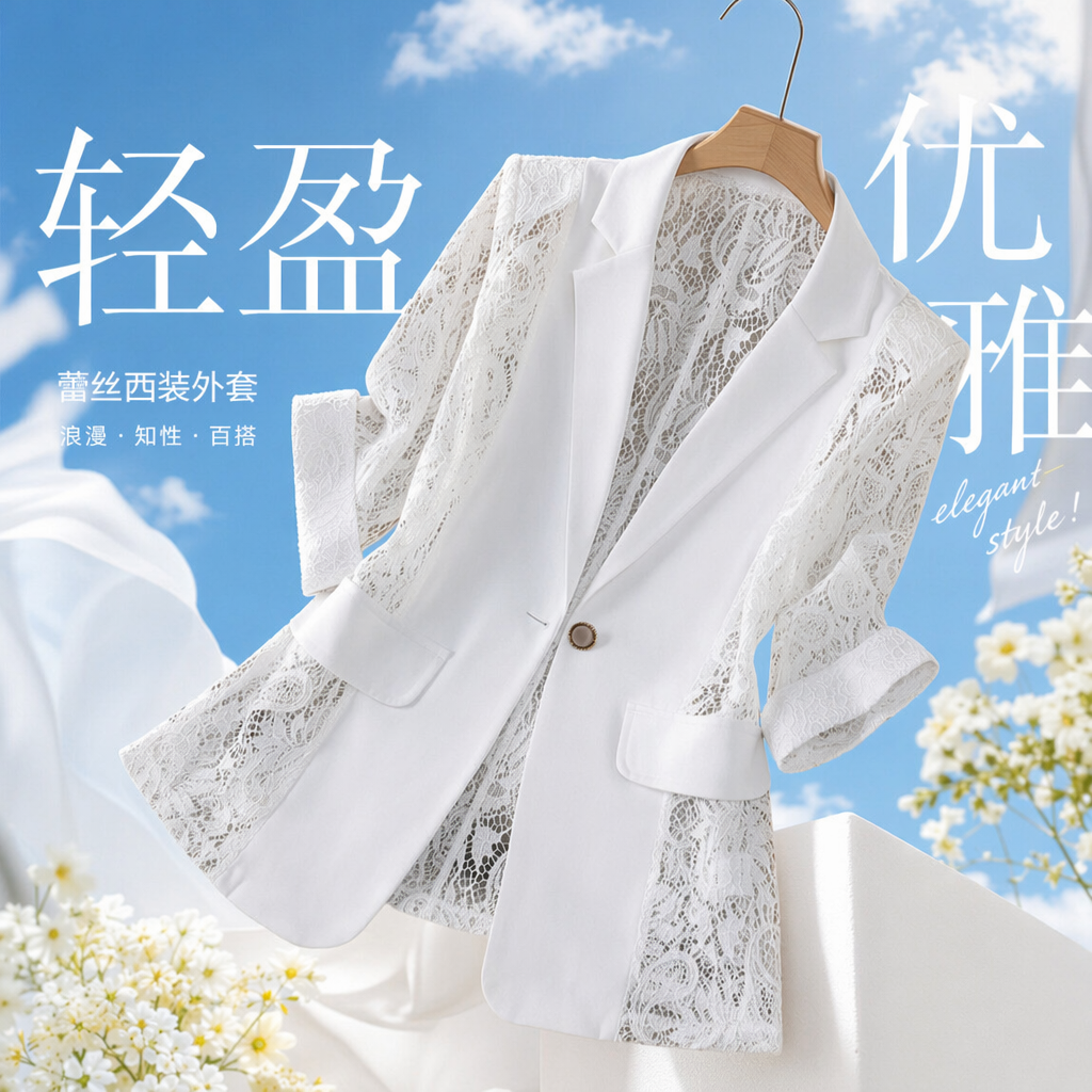 White lace patchwork suit jacket for women, slimming and shaping, versatile for commuting, spring and autumn style Specification image