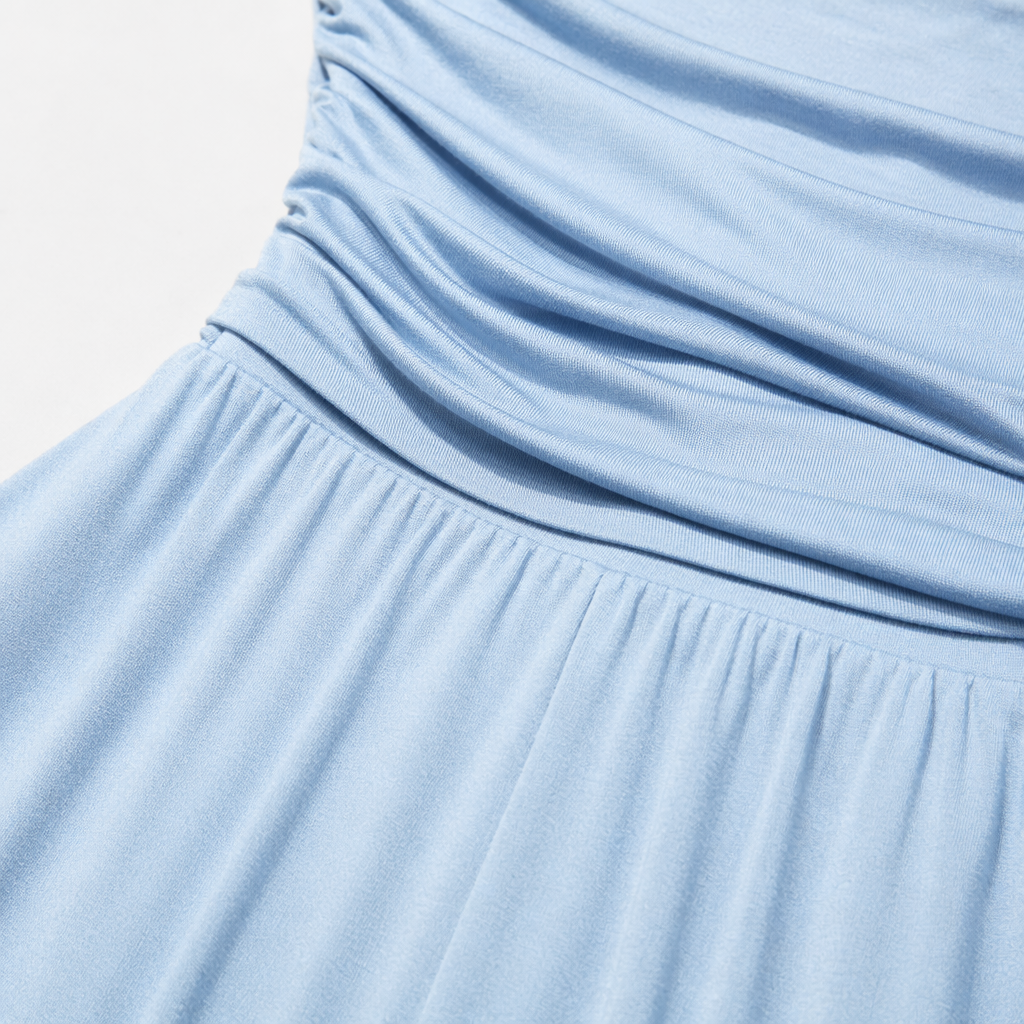 A light blue off-the-shoulder long dress paired with brown rivet sandals for women's summer dress Application Scenario