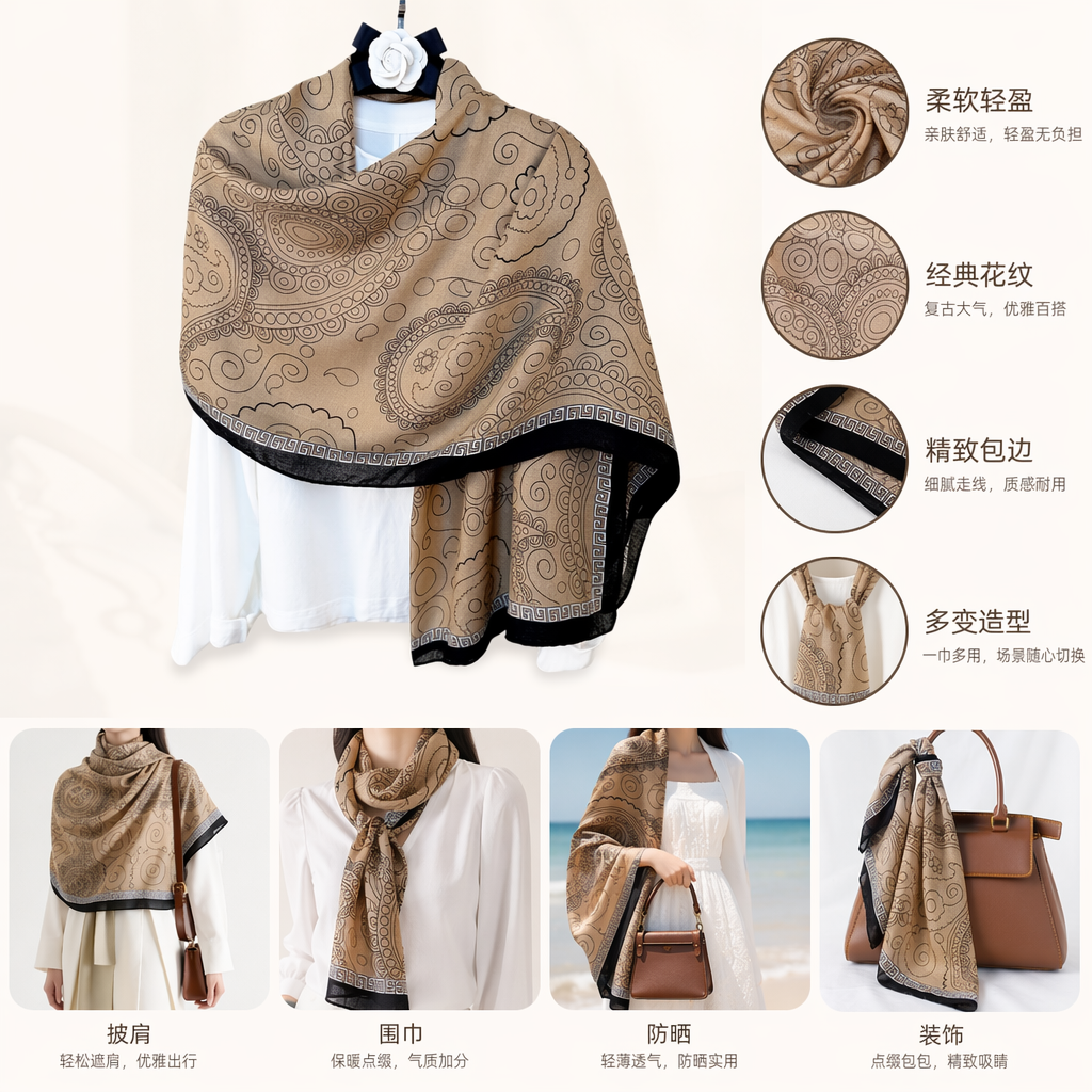 The beige Paisley pattern pure cotton scarf is warm, fashionable and versatile for autumn and winter