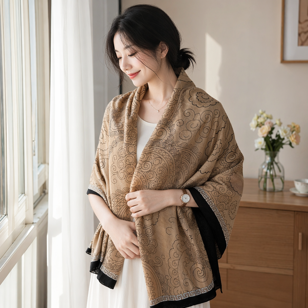 The beige Paisley pattern pure cotton scarf is warm, fashionable and versatile for autumn and winter details Picture
