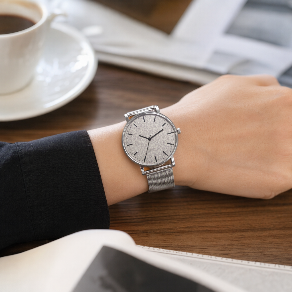 Silver metal mesh strap quartz watch for women, simple and fashionable details Picture