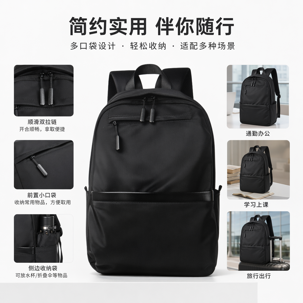黑色双肩包耐磨尼龙通勤商务简约时尚背包