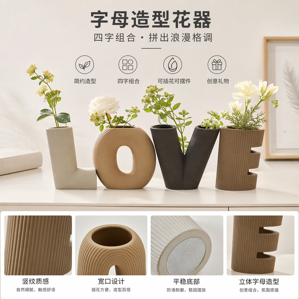 彩色条纹字母花瓶组合LOVE造型家居装饰摆件