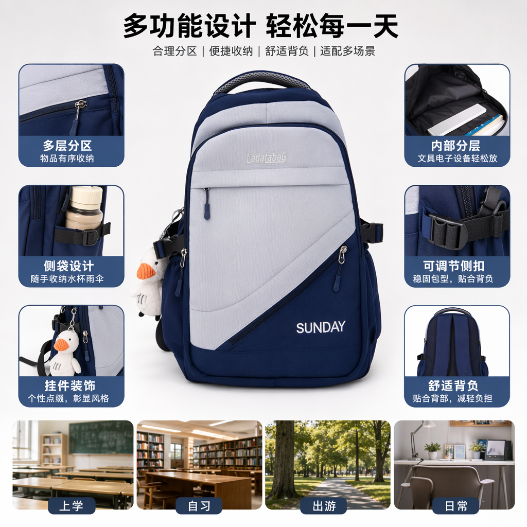 蓝白拼色简约时尚双肩背包轻便大容量学生通勤款