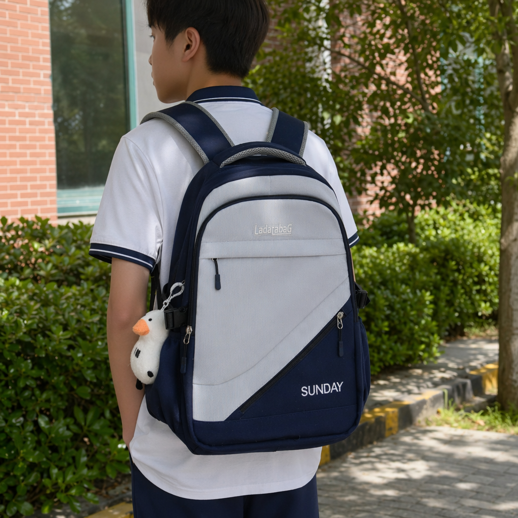 A simple and fashionable backpack in blue and white, lightweight and large-capacity, suitable for student commuting details Picture