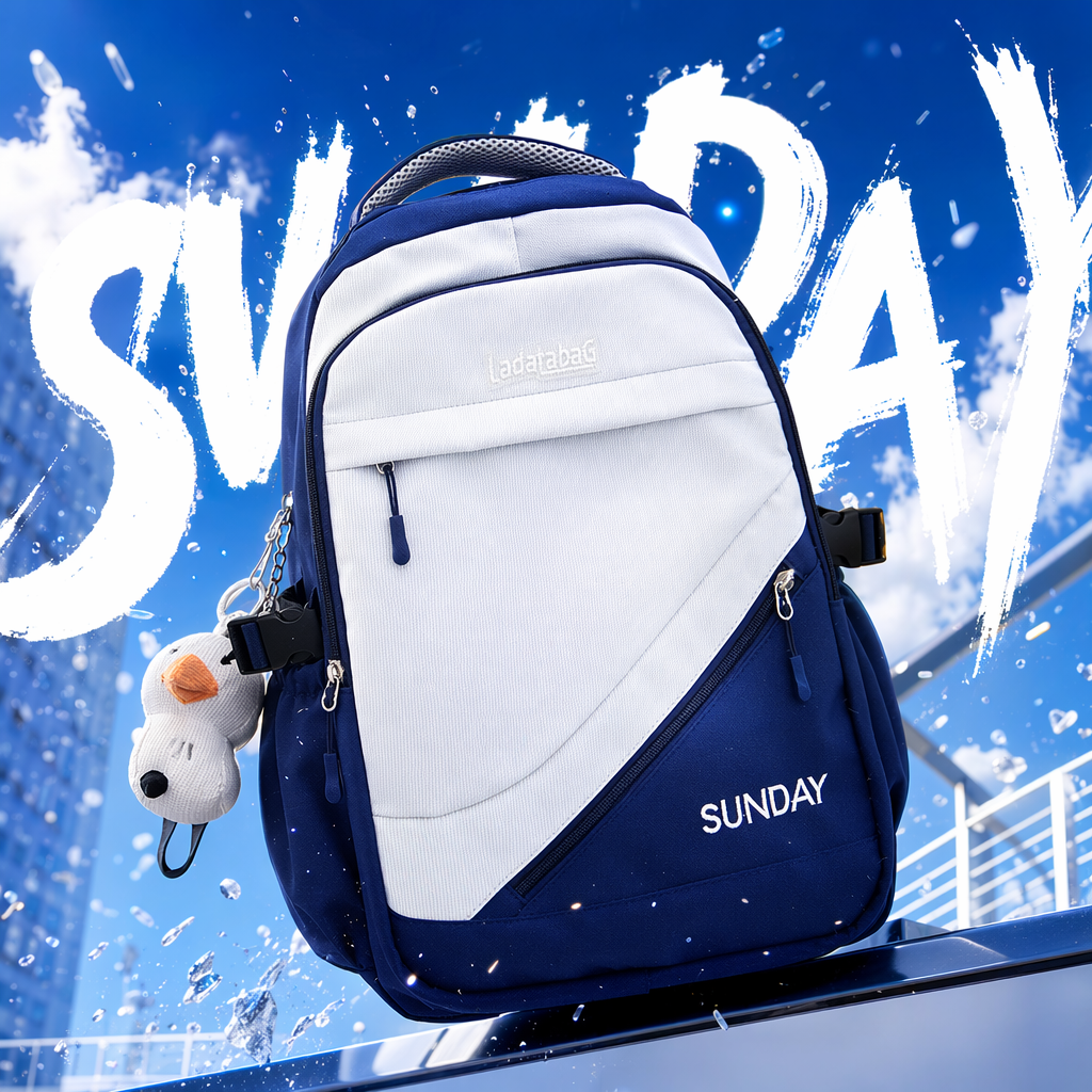 A simple and fashionable backpack in blue and white, lightweight and large-capacity, suitable for student commuting Specification image