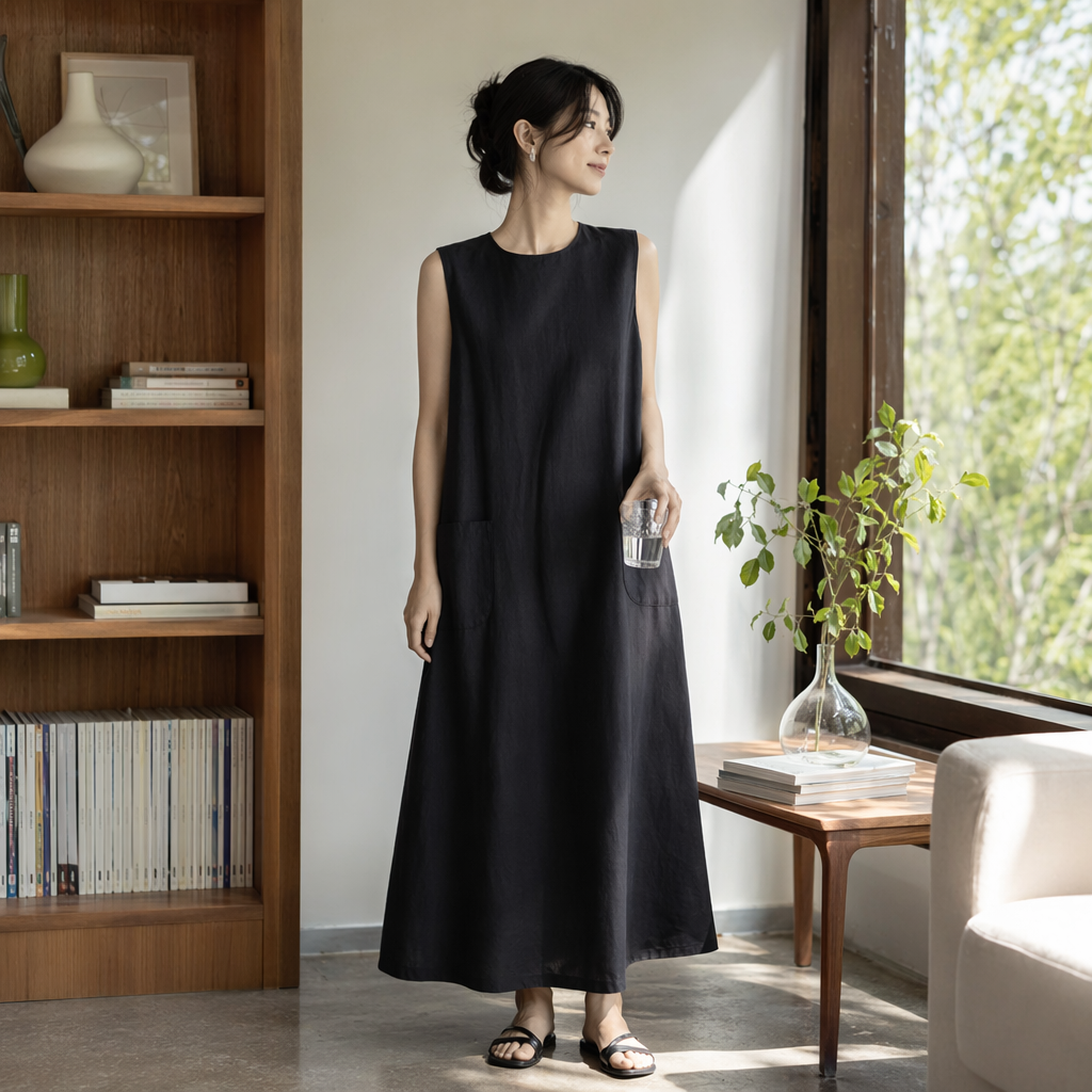 Black sleeveless dress for women, a solid color long dress with a slimming and form-fitting look in summer details Picture