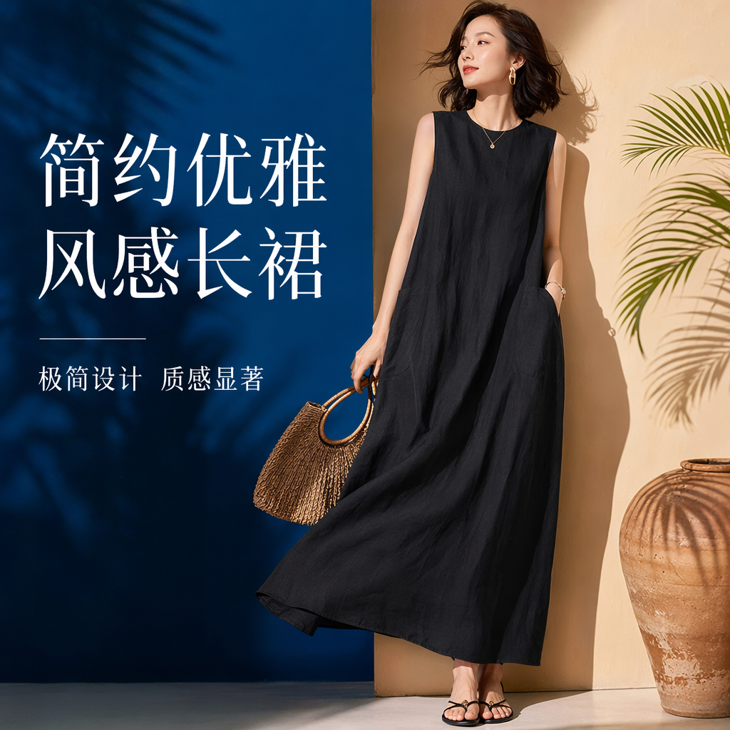 Black sleeveless dress for women, a solid color long dress with a slimming and form-fitting look in summer Specification image
