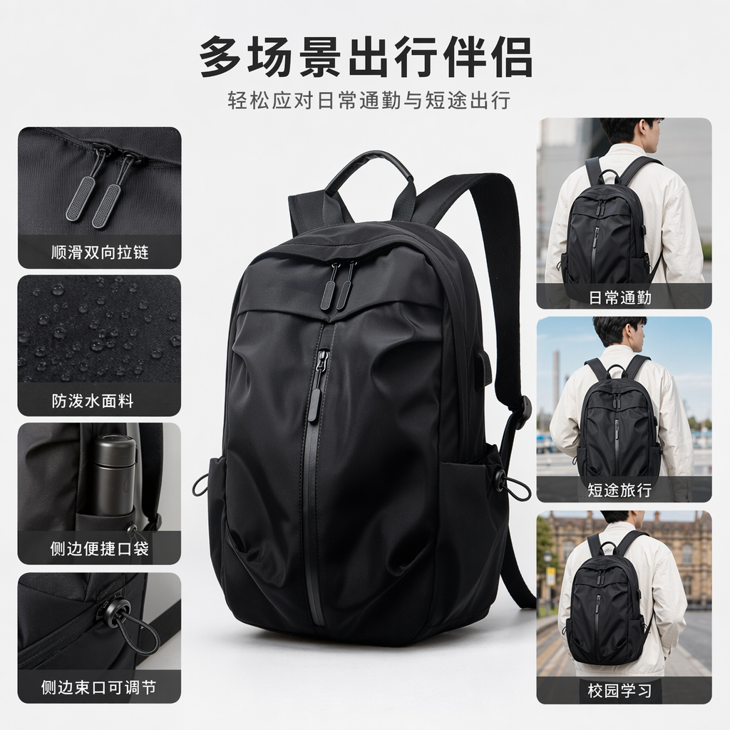 This black, simple business and casual backpack is lightweight, wear-resistant and has a large capacity for commuting and student use full image