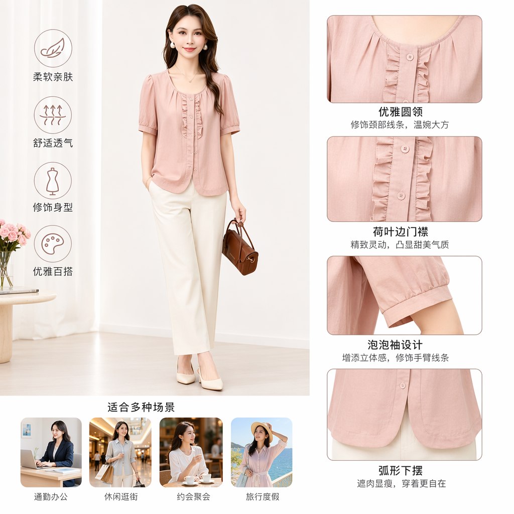 Pink ruffled short-sleeved top for women's summer fashion, slimming and versatile outfits