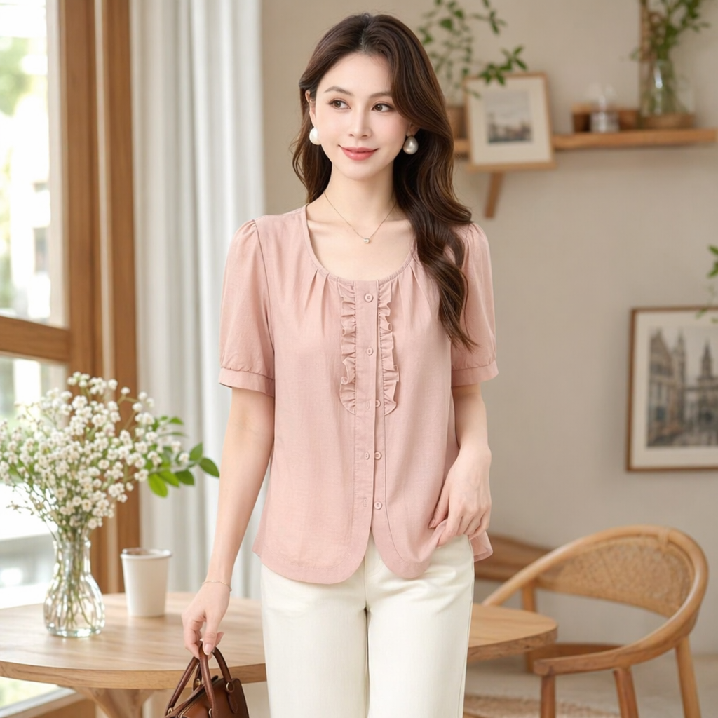 Pink ruffled short-sleeved top for women's summer fashion, slimming and versatile outfits details Picture