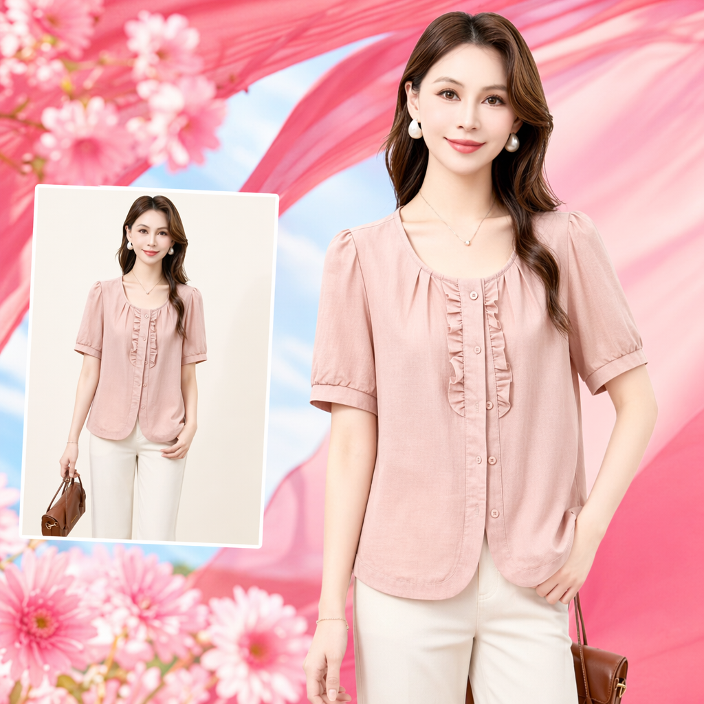 Pink ruffled short-sleeved top for women's summer fashion, slimming and versatile outfits Specification image