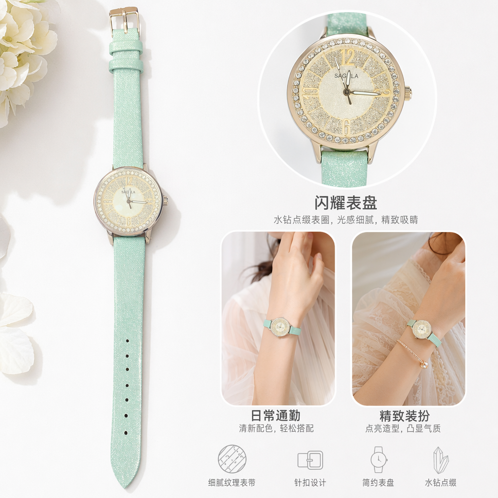 The light green quartz watch with a strap is simple, fashionable and versatile for women