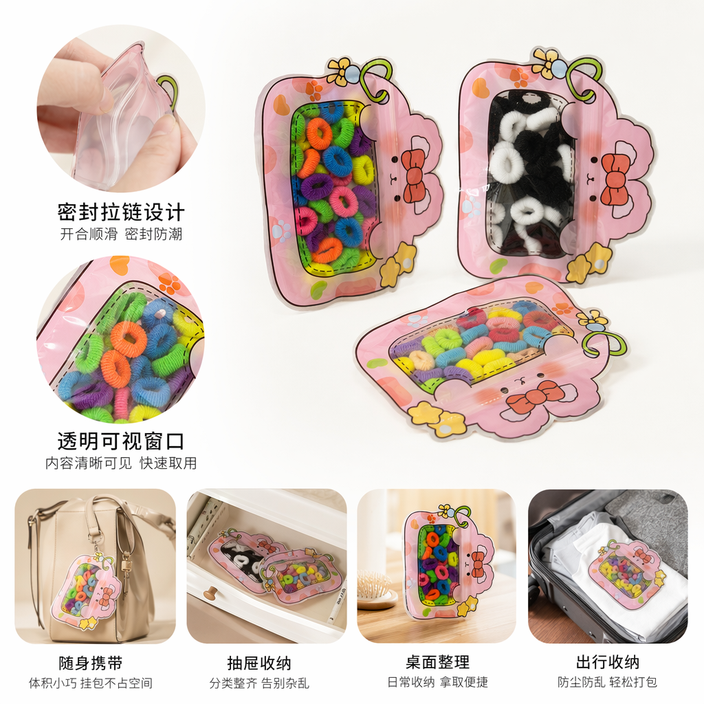 粉色卡通造型发圈袋含彩色毛绒发圈黑白配色发圈